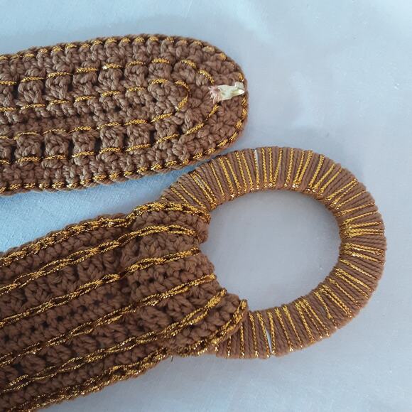 Boho Lux Golden Brown Crochet Belt Medium Waist Jumbro Statement Wrapped Buckle - Picture 8 of 11